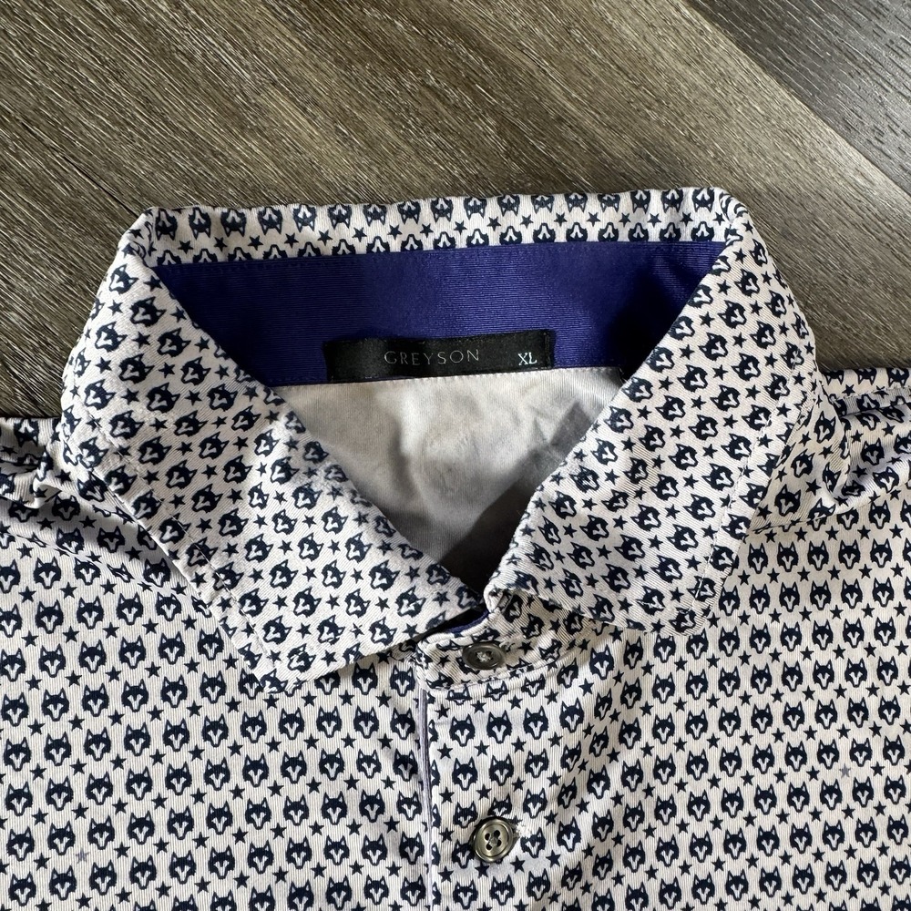 Greyson Polo Shirt Mens XL White Allover Wolf Print Golf Performance Pattern